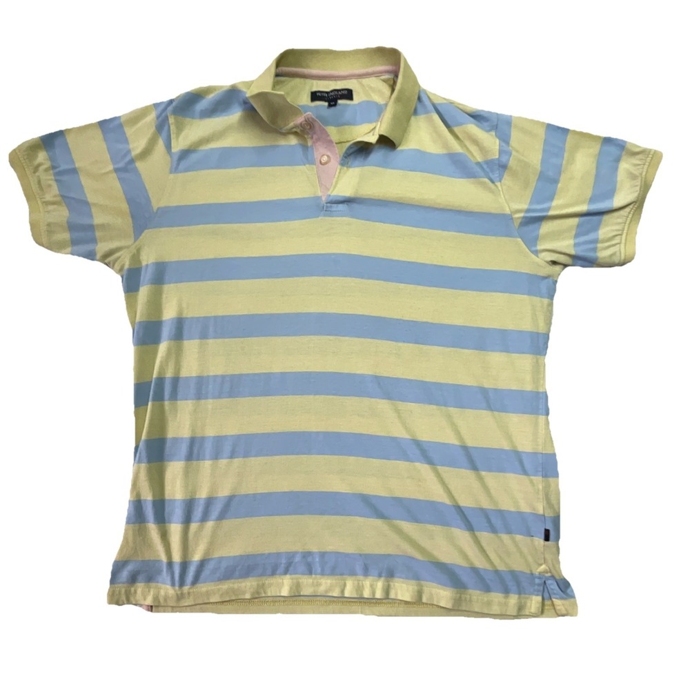 Peter England Men's Striped Casuals Polo Shirt Yellow Blue XL Short Sleeve